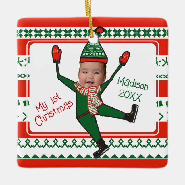 Funny Elf My First Christmas Red Green Custom Ceramic Ornament (Front)