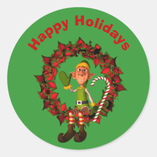 Funny Elf On Wreath Christmas Holiday  Classic Round Sticker