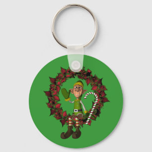 Funny Elf On Wreath Christmas Holiday Keychain