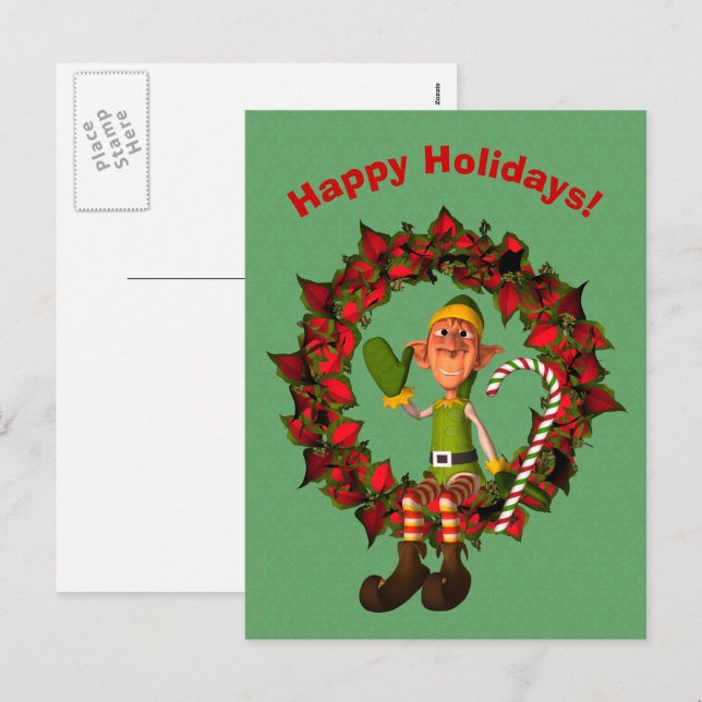 Funny Elf On Wreath Christmas Holiday Postcard (Front/Back)