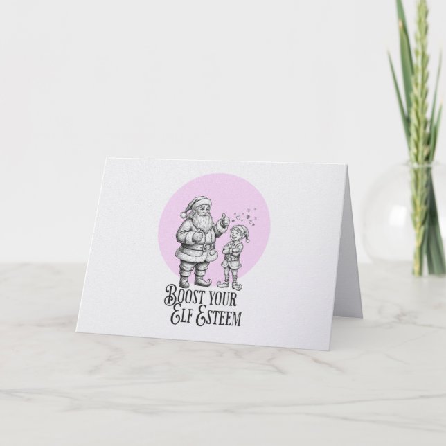 Funny Elf Pun Self Esteem Holiday Christmas card (Front)