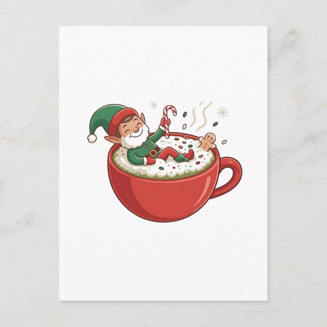 Funny Elf Taking Bathub on Matcha Drink  Invitation Postcard (Front)