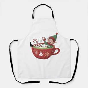 Funny Elf Taking Matcha Bathub Christmas Apron