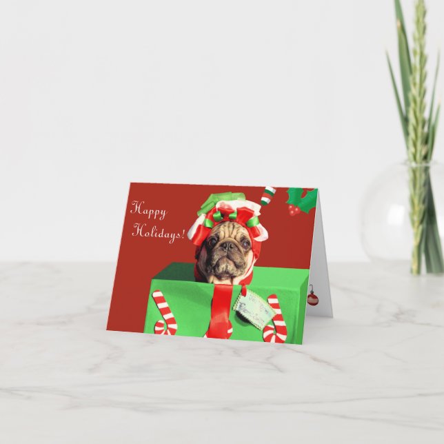 Funny Embarrassed Pug Holiday Card (Front)