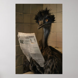 Funny Emu Bathroom Print, Newspaper Reading Animal Poster