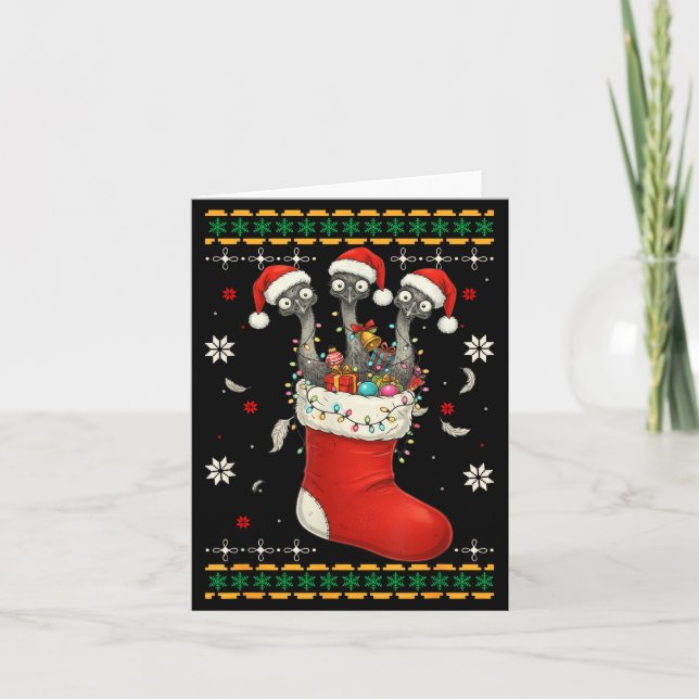 Funny Emu Bird In Xmas Socks Lights Christmas  Card (Front)