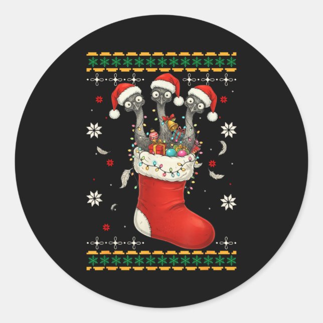 Funny Emu Bird In Xmas Socks Lights Christmas  Classic Round Sticker (Front)