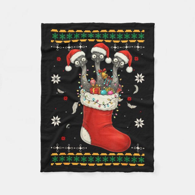 Funny Emu Bird In Xmas Socks Lights Christmas  Fleece Blanket (Front)