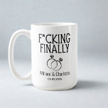 Funny engagement mug engagement gift, engagement<br><div class="desc">Celebrate their journey to "finally" being engaged with this hilarious coffee mug! Featuring bold "F*cking Finally" text, a sweet engagement ring illustration, and personalized with the couple's names and engagement date. This mug is sure to bring a laugh and is a fun, memorable gift for the newly engaged couple.The perfect...</div>
