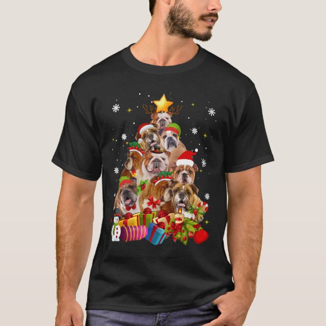 Funny English Bulldog Christmas Tree Gifts Xmas T-Shirt (Front)