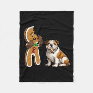 Funny English Bulldog Dog Biting Gingerbread Merry Fleece Blanket