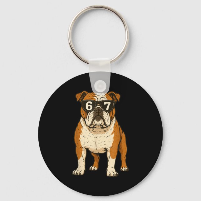 Funny English Bulldog Dog Sungles 67 Six Seven Mem Keychain (Front)