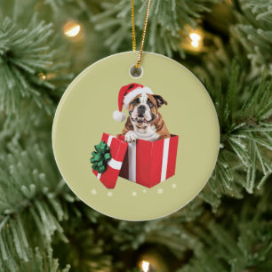 Funny English Bulldog Dog Tree Christmas Lights Ceramic Ornament