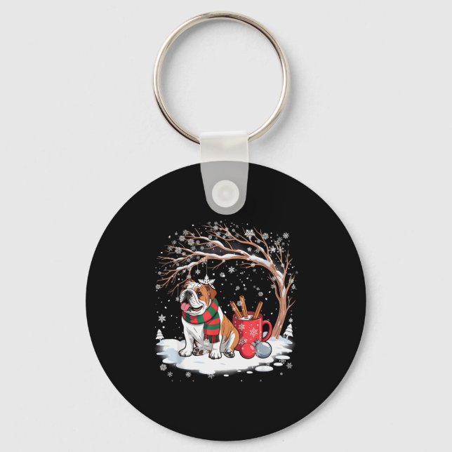 Funny English Bulldog In The Snow Tree Christmas W Keychain (Front)