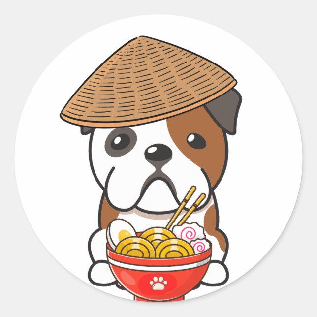 Funny english bulldog is eating noodles classic round sticker (Front)