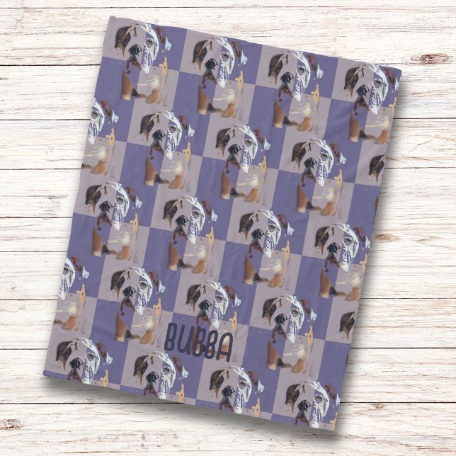 Funny English Bulldog Purple Tiled Fleece Blanket (Curl up on the couch with this personalized English Bulldog fleece blanket.  So cute and unique! )