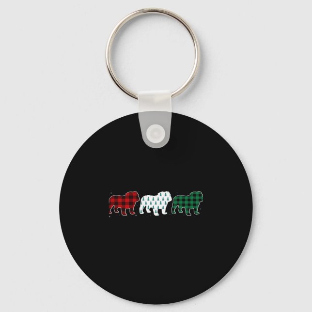 Funny English Bulldog Red Plaid Christmas Dog Love Keychain (Front)