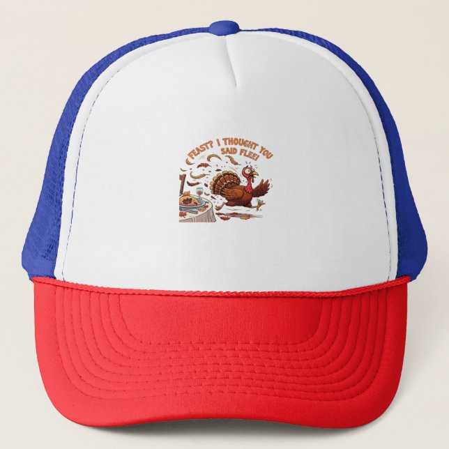 Funny Escaping Turkey Thanksgiving Classic T-Shirt Trucker Hat (Front)