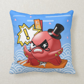 Funny Evil Octopus with Moustache and Seigaiha Throw Pillow