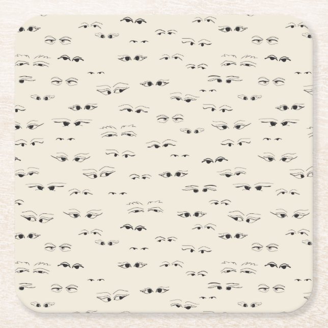 Funny eyes ink drawing fine art pattern square paper coaster (Front)