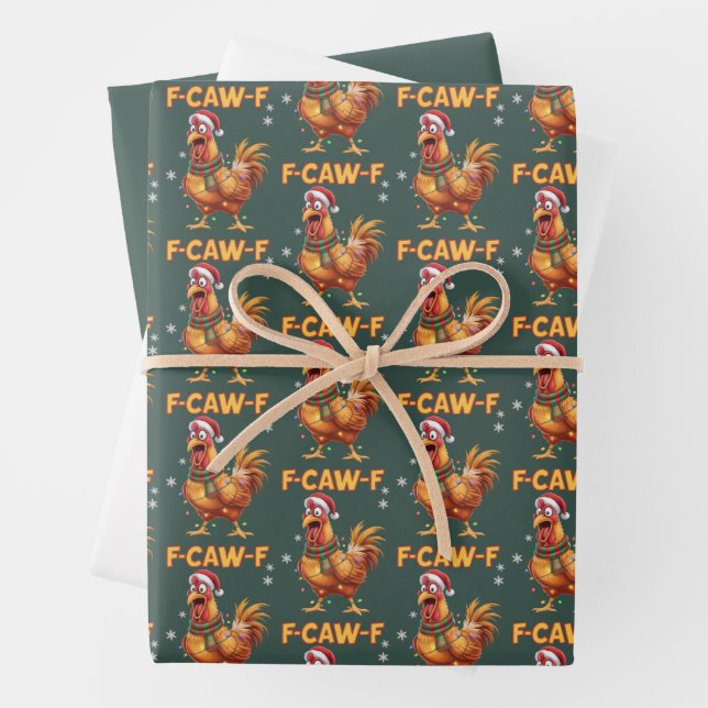Funny F Caw F Chicken Christmas Screaming Rooster  Wrapping Paper Sheet (In situ)
