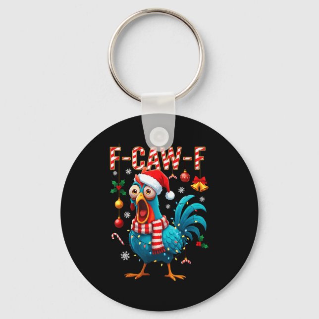 Funny F-caw-f Christmas Chicken Xmas Lights Santa  Keychain (Front)