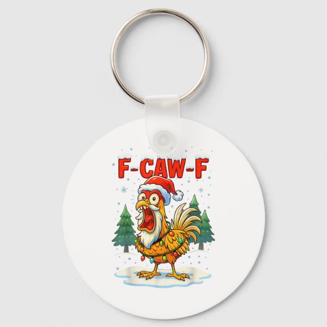 Funny F-caw-f Christmas Chicken Xmas Lights Santa  Keychain (Front)