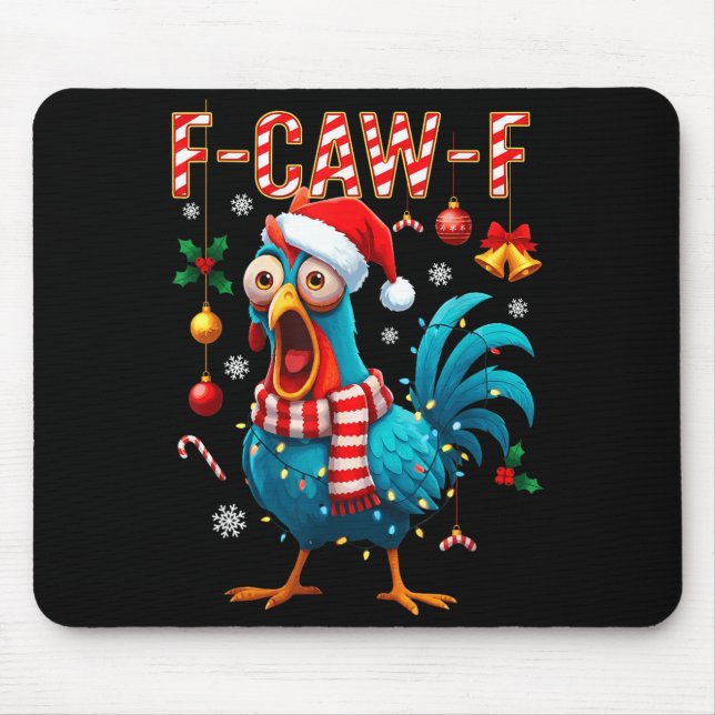 Funny F-caw-f Christmas Chicken Xmas Lights Santa  Mouse Pad (Front)