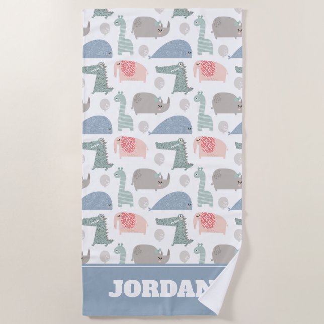 Funny Face Cute Doodle Animal Pattern Beach Towel (Front)