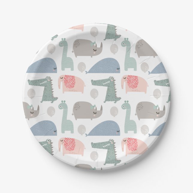 Funny Face Cute Doodle Animal Pattern Paper Plate (Front)