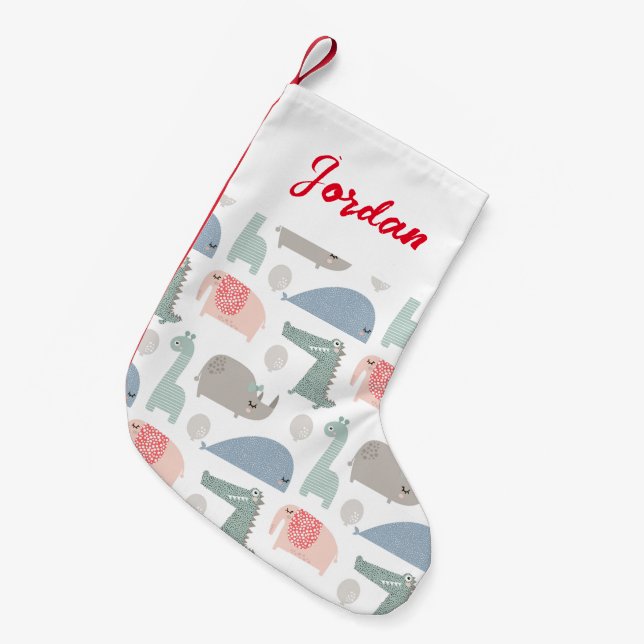Funny Face Cute Doodle Animal Pattern Small Christmas Stocking (Front (Hanging))