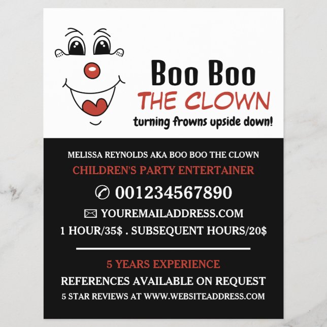 Funny Face, Kids Entertainer, Clown Advertising Flyer (Front)