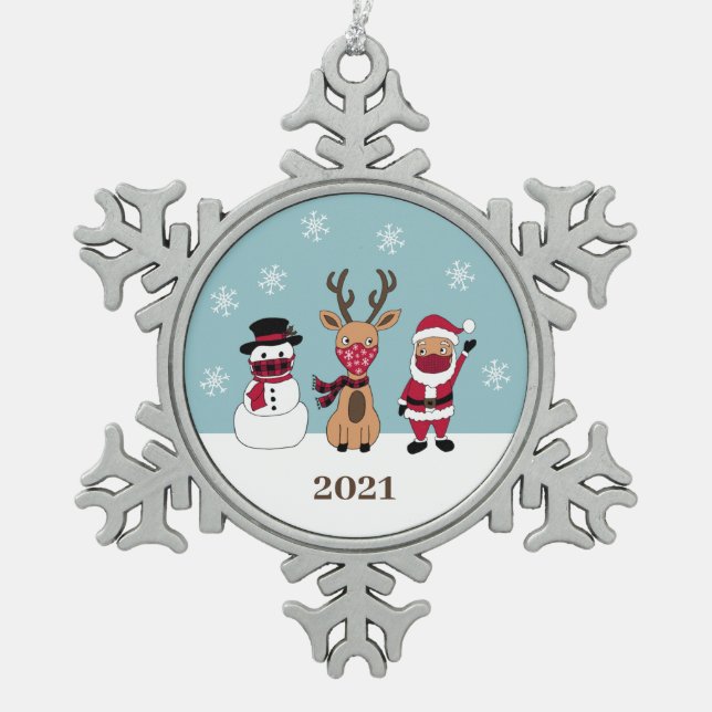 Funny Face Mask Santa Reindeer Snowman Snowflake Pewter Christmas Ornament (Front)