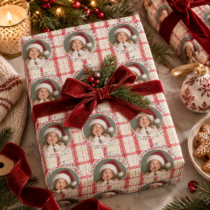 Funny Face Photo Merry Christmas Red Tartan Wrapping Paper