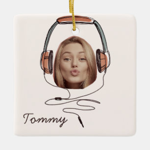 Funny Face Photo Name Listen to the Music Fun Ceramic Ornament