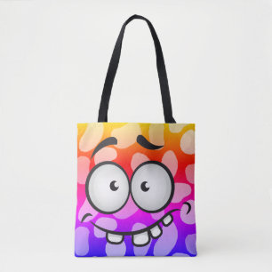 Funny face smiling colourful abstract orange blue tote bag