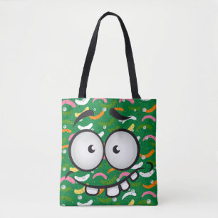 Funny face smiling colourful pattern green orange tote bag