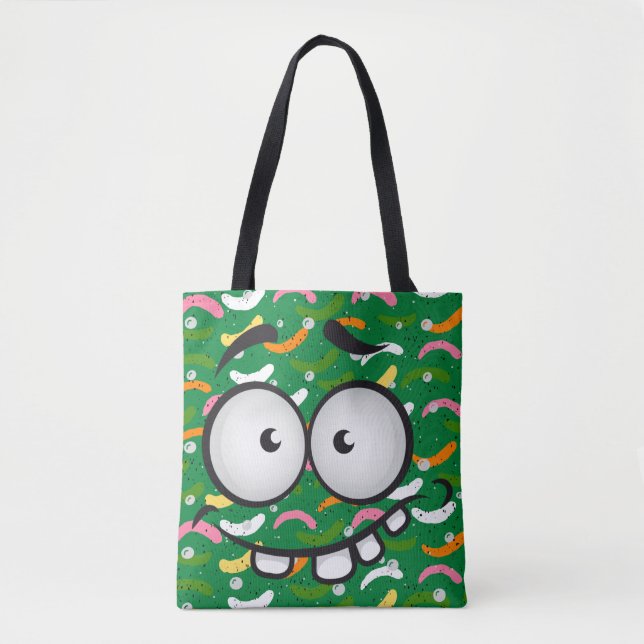 Funny face smiling colourful pattern green orange tote bag (Front)