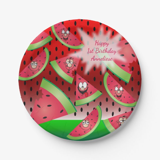Funny Face Watermelon Design Paper Plate (Front)