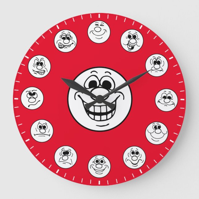 Funny Faces & Expressions in White Emoji's Large Clock (Front)