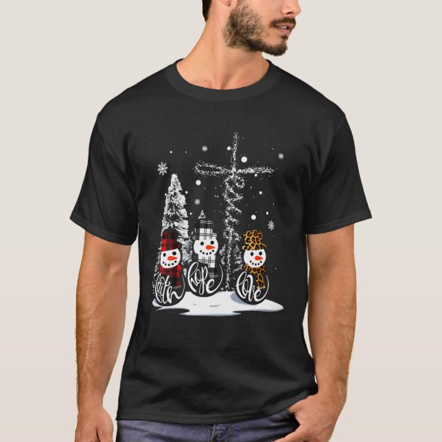 Funny Faith Hope Love Jesus Snowman Christmas Leop T-Shirt (Front)