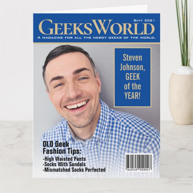 Funny Fake GeeksWorld Magazine Add Your Photos Card (Front)