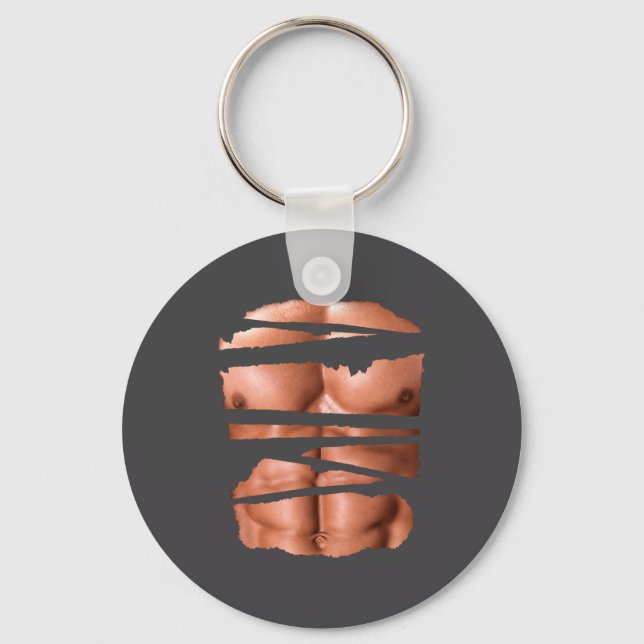 Funny Fake Muscles Fitness Model Chest Six Pack Ab Keychain (Front)