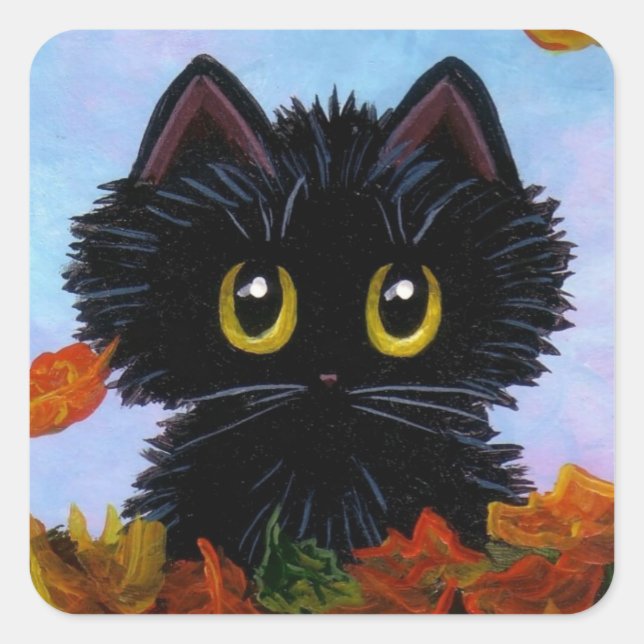 Funny Fall Autumn Black Cat Creationarts Square Sticker (Front)