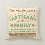 Funny Family Artisan Wedding Cute Personalized Throw Pillow<br><div class="desc">This funny pillow design is made to look like a label for an artisanal / homegrown / organic product - but it's your family that's being grown. Add your name to the top and the year your family was established. The rest of the humourous text says, "Artisan Family / harmonious,...</div>