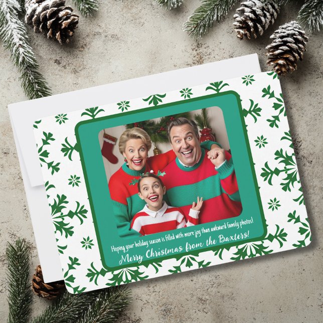 Funny Family Photo with Joy & Green Pattern Holiday Card (Creator Uploaded)