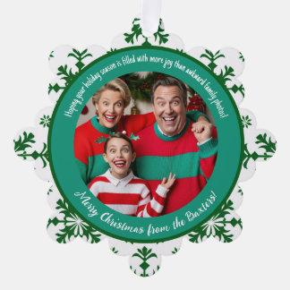 Funny Family Photo with Joy & Green Pattern Ornament Card