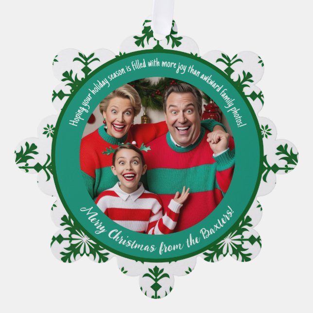 Funny Family Photo with Joy & Green Pattern Ornament Card (Front)
