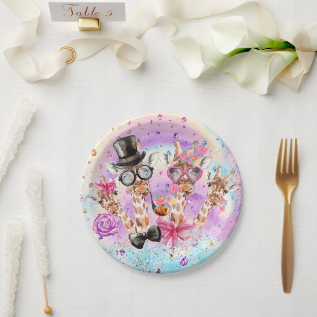 Funny Fantasy Giraffes in the Cotton Candy Clouds Paper Plate (Wedding)