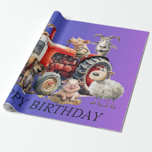 Funny Farm Animals & Tractor. Editable Wrapping Paper